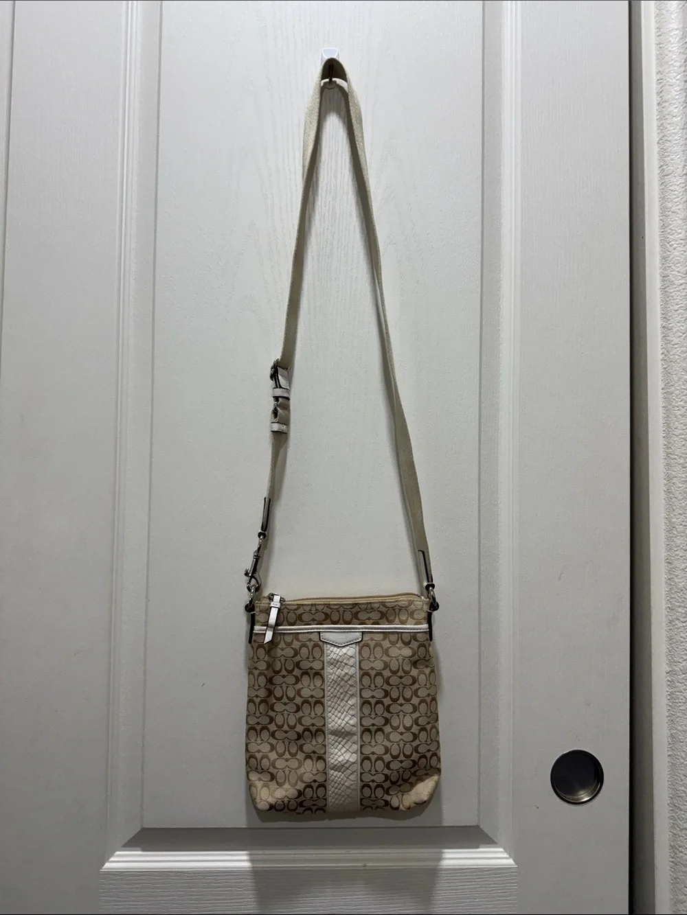 Coach Signature File Crossbody Bag Khaki White Snake Embossed Trim